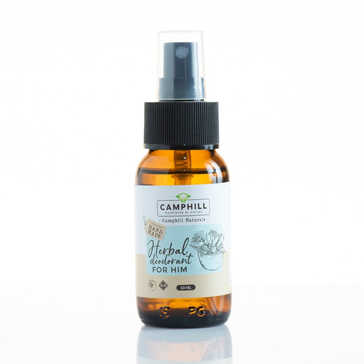 A 50ml amber spray bottle of Camphill Herbal Deodorant for Him.